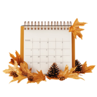 Table calendar for November surrounded by autumn leaves and pine cones on a transparent background, table calendar 2024 november isolated on transparent background png