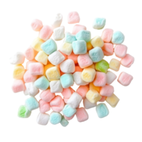 Colorful mini marshmallows in pastel hues scattered on a transparent background to enhance desserts or sweet treats, Colorful mini marshmallows isolated on transparent background png