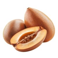 Sapodilla fruit with cut half revealing sweet brown flesh on transparent background, Sapodilla fruit isolated on transparent background png