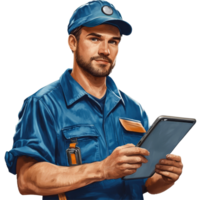 Repairman uses a tablet to assist with technical work in a residential setting during daylight hours, Repairman connecting with a tablet png