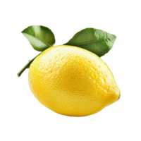 Fresh lemon with vibrant green leaves isolated on a clean transparent background highlighting its natural beauty and texture, ripe lemon isolated on transparent background png
