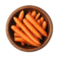 Aerial view of a wooden bowl filled with fresh, small organic baby carrots ready for cooking or snacking, Top view of a group of organic small baby carrots isolated on transparent background png