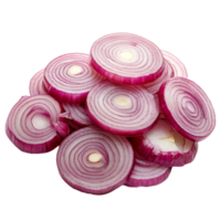 Fresh red onions sliced into circular rings on a clean transparent background for culinary presentations and recipes, red sliced onions isolated on transparent background png