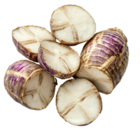 Freshly sliced taro root pieces isolated on a transparent background, showcasing their unique purple and transparent texture, taro sliced isolated on transparent background png