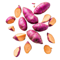 Fresh sweet potatoes cut and whole on a transparent background showcasing their vibrant color and texture, Fresh sweet potatoes on a transparent background png