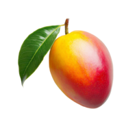 Fresh mango with a single green leaf resting on a transparent background, highlighting its vibrant colors and smooth texture, mango with leaf on transparent background png