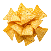 Top view of golden nacho chips arranged neatly on a transparent background, perfect for snacking or party platters, nacho chip top view isolated on transparent backgroud png