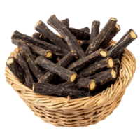 Basket filled with liquorice roots resting on a clean, transparent surface, Liquorice roots in basket on transparent background png