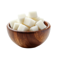 Sugar cubes arranged neatly in a wooden bowl isolated on a pristine transparent background for culinary use, Sugar cube in wood bowl isolated on transparent background png