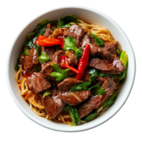 Delicious beef and noodle dish with vibrant vegetables served in a transparent bowl on a bright background, beef with noodle dish isolated on transparent background png
