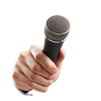 Confident businessman speaking at a conference while holding a microphone in a professional setting, Confident Businessman at a conference Speaker with Microphone Isolated on transparent background png