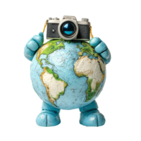 Globetrotting earth character holding a camera while exploring diverse locations around the world, Globetrotting Earth Character with Camera Travel Concept on transparent background png
