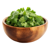 Fresh coriander leaves in a wooden bowl set against a clean transparent background for culinary use and presentation, coriander leaf in wood bowl isolated on transparent background png