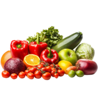 A colorful array of fresh fruits and vegetables arranged on a clean transparent background for a healthy lifestyle, fruit and vegetable on transparent background png