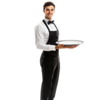 Elegant waiter in formal attire serving a tray, showcasing hospitality in a pristine setting, Elegant Waiter Serving Pose Isolated on transparent background png