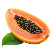 Fresh sliced papaya with seeds and green leaf isolated against a clean transparent background for culinary highlights, slice papaya with leaf isolated on transparent background png