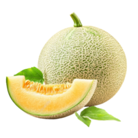 Fresh ripe melon with a slice and green leaves isolated on a clean transparent background, ripe melon with slice and leaf isolated on transparent background png