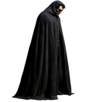 A fearsome male vampire in a dark cloak stands isolated, evoking an eerie atmosphere of the night, scary male vampire in a black cloak, file of isolated object with shadow on transparent background png