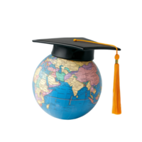 A globe wearing a mortarboard cap symbolizes global education and graduation success against a transparent background, Graduated Globe with Mortarboard on transparent background Global Education png