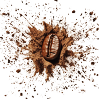 Coffee powder bursts dramatically from a roasted coffee bean against a backdrop highlighting texture and color, Coffee powder burst from coffee bean png