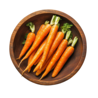 Fresh organic baby carrots arranged in a wooden bowl viewed from above, showcasing their vibrant color and texture, Top view of a group of organic small baby carrots isolated on transparent background png