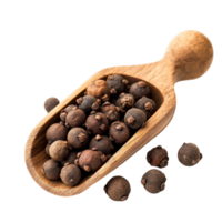 Allspice berries in a wooden scoop showcasing their rich brown color and distinctive texture, Allspice berries also called Jamaican pepper or newspice on transparent background png