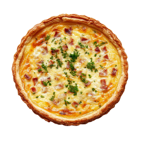 Delicious quiche Lorraine with creamy filling and crispy crust presented on a clean transparent background, Quiche lorraine isolated on transparent background png