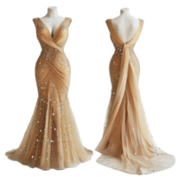 Elegant beige beaded gown mockup showcasing front and back design details for fashion presentations, Elegant Beige Beaded Gown Mockup from Front and Back Views on transparent background png