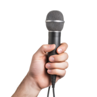 A hand holding a microphone on a plain transparent background for clear focus on the subject and its details, Hand Holding Microphone Isolated on transparent background High Resolution png