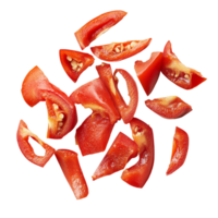 Freshly sliced red sweet bell pepper pieces isolated on a clean transparent background for culinary use and presentation, Red sweet bell pepper slices isolated on transparent background png