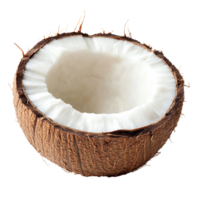 Half coconut isolated on a transparent background showcasing its textured shell and soft transparent flesh for culinary uses, Half coconut isolated on transparent background png