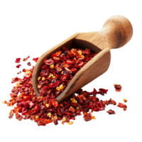 Crushed red chili pepper sits in a wooden scoop on a smooth transparent background, showcasing vibrant colors and textures, Crushed red chili pepper in wood scoop isolated on transparent background png