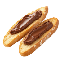 Baguette cut in half with a thick layer of chocolate spread on a pristine transparent surface, Baguette Cut in Half with Chocolate Spread on transparent background png
