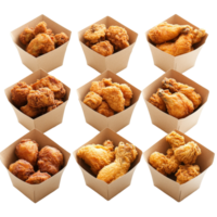 Delicious collection of fried chicken served in square brown cardboard boxes on a transparent surface, fried chicken in square brown card box paper isolated on transparent background png