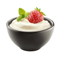Fresh yogurt bowl with a strawberry and mint on a transparent background for culinary presentation, wood bowl of yogurt isolated on transparent background png