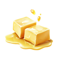 Two pieces of melting butter on a transparent surface creating a rich, inviting texture perfect for culinary delights, Two pieces of butter melting isolated png