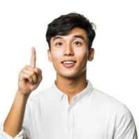 jovem ásia homem dentro casual vestuário pontos para cima com uma pensativo expressão dentro uma brilhante contexto, atraente jovem inteligente ásia homem apontando acima com dele dedo transparente fundo png