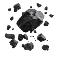 Flying black rocks isolated on a transparent background create a striking visual effect of motion and depth, flying black rocks isolated on transparent background png