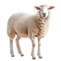 A fluffy sheep stands calmly against a plain transparent background, showcasing its soft wool and gentle expression, Sheep on isolated transparent background png