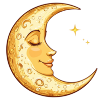 Cartoon crescent moon with a smiling face and stars on a transparent background lending a cheerful nighttime vibe, Cartoon Crescent Moon with Face on transparent background png