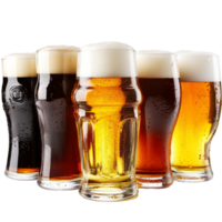 A variety of craft beers displayed on a transparent background showcasing diverse colors and frothy tops, Multiple beers isolated on transparent background png
