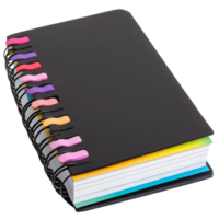 Closed black notebook with colorful tabs resting on a transparent background ready for notes and ideas, Closed paper notebook with black coverspiral bindingand colorful tabs png