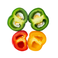 Sliced green, yellow, and red bell peppers isolated on a transparent background highlighting their vibrant colors and textures, Sliced green yellow red bell pepper isolated on transparent background png