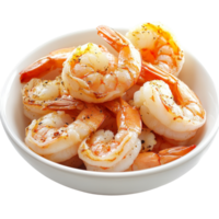 Tender cooked shrimp served in a bowl on a clean transparent background for culinary showcases, Cooked shrimp isolated on transparent background png