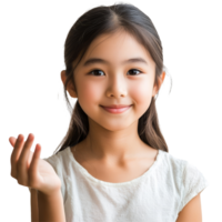 Young Asian girl smiling with an open hand in a bright setting against a transparent background, Young Asian girl open hand isolated transparent background png