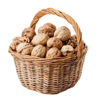 Fresh walnuts in a rustic woven basket isolated on a bright transparent background, perfect for culinary use and decoration, walnuts in basket isolated on transparent background png