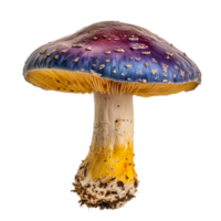 A vibrant purple and yellow mushroom stands against a transparent background, showcasing its unique colors and cap shape, ideal for nature enthusiasts, Colorful mushroom on a transparent background png
