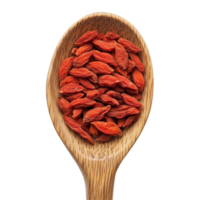 Dried goji berries in a wooden spoon on a transparent background highlighting their vibrant color and texture, dried goji berries in wood spoon on transparent background png
