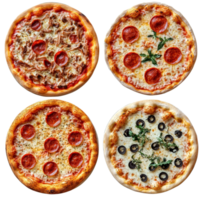 A delicious assortment of four distinct pizzas featuring various toppings, showcasing culinary diversity, four different pizzas isolated png