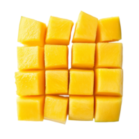 Fresh mango slices diced into cubes, showcasing vibrant color and ripe texture against a clean transparent background, Mango slice cut to cubes closeup isolated on transparent background png